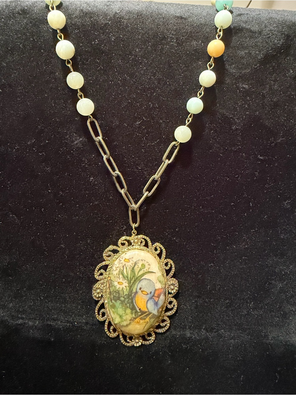 Gold-Tone Bird painting Pendant on natural stone bead antique bronze necklace